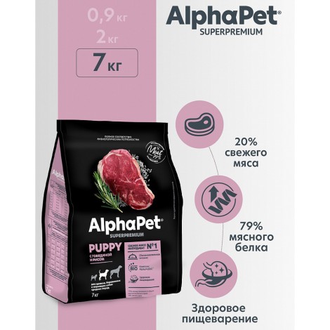 Сухой корм Alphapet Superpremium для щенков и юниоров средних пород с говядиной и рисом 7кг