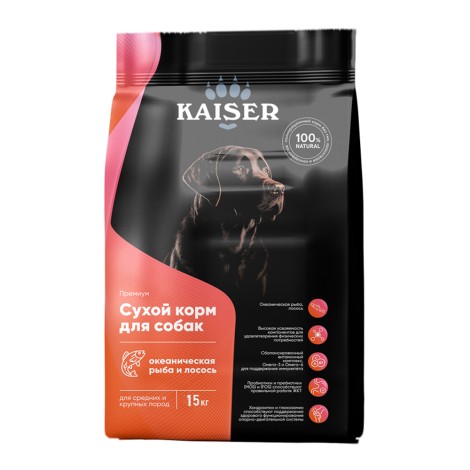 Сухой корм Kaiser для взрослых собак средних и крупных пород Лосось и лен 15 кг