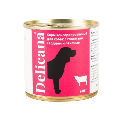 Delicana консервированный корм для собак с говяжьим сердцем и печенью, 240 г