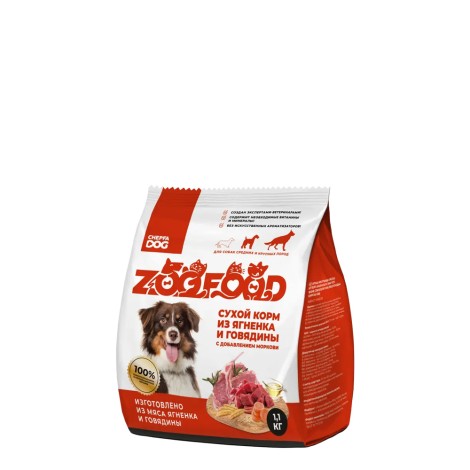 Zoofood сухой полнорационный корм для взрослых собак средних и крупных пород с ягненком, говядиной и морковью 1.1кг