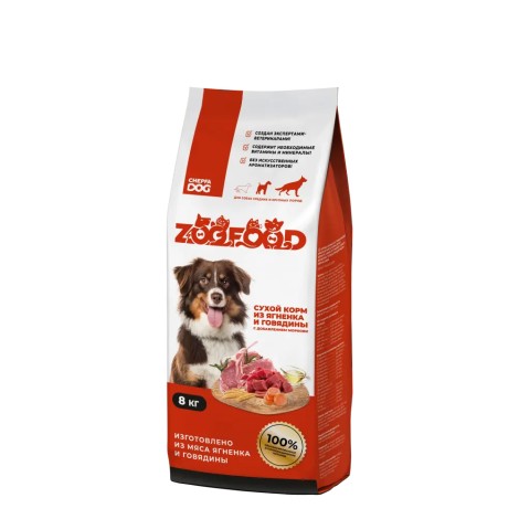 Zoofood сухой полнорационный корм для взрослых собак средних и крупных пород с ягненком, говядиной и морковью 8кг